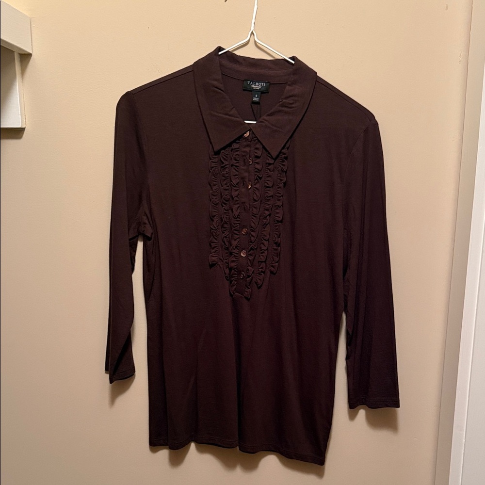 Talbots Dark Brown Blouse with Ruffle Detail